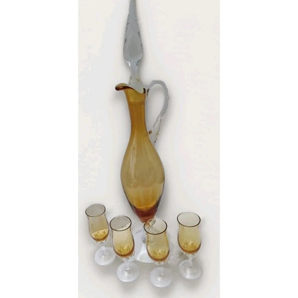 Vtg MCM Italian Murano Amber Blown Glass Decanter Twisted Stem 4 Cordial Set 15